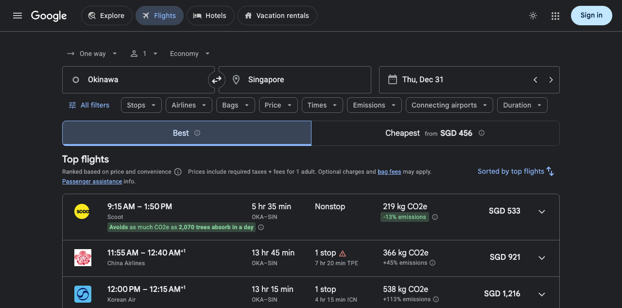 Okinawa to Singapore direct fare S$533 Scoot