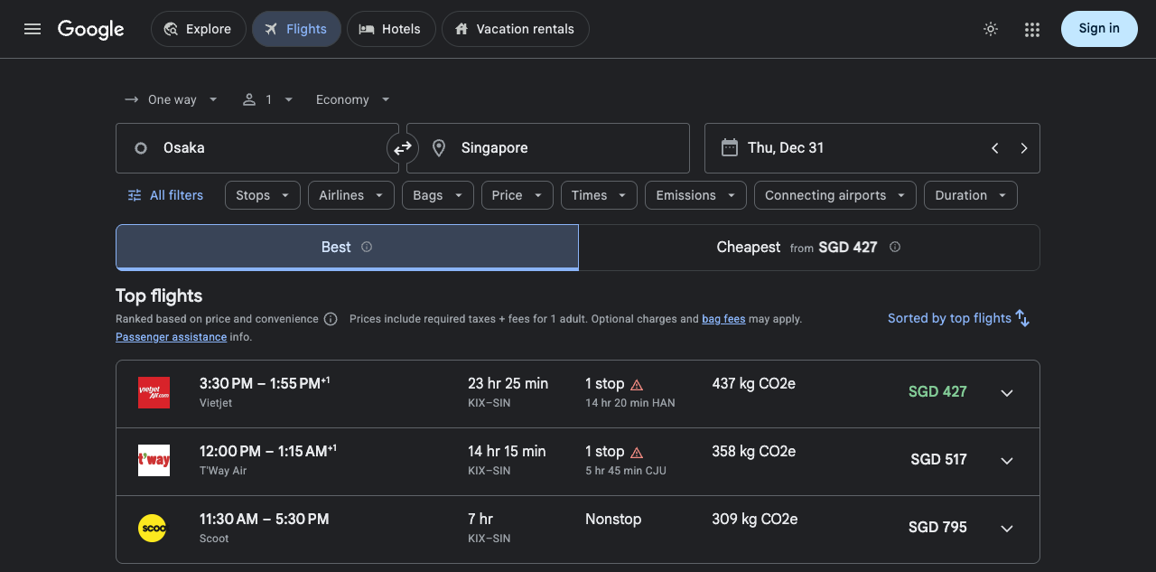 Osaka to Singapore direct fare S$795 Scoot